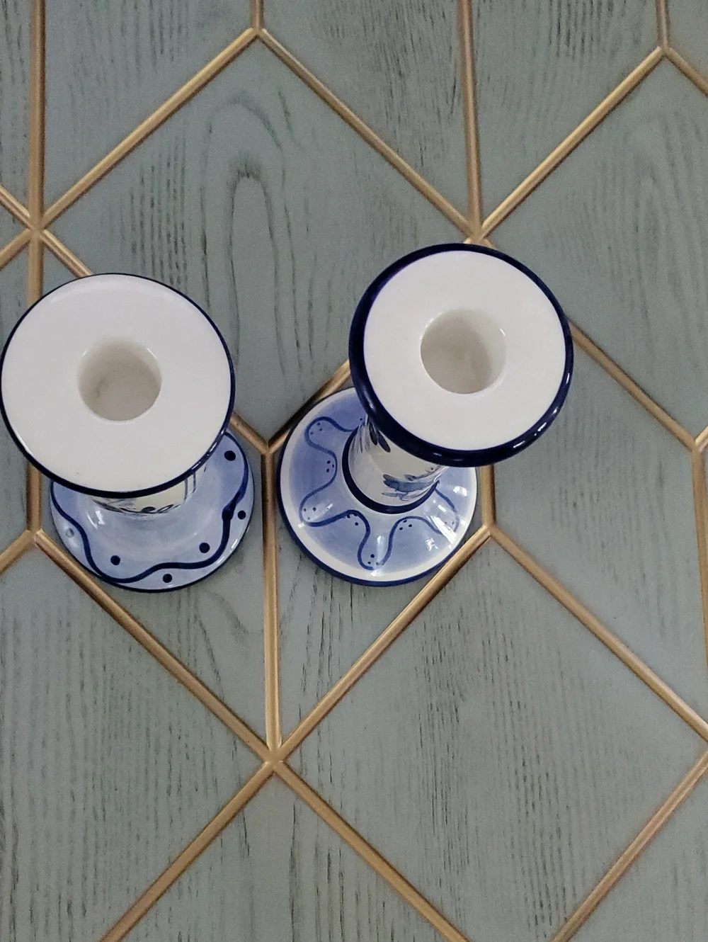 Vintage Blue & White Ceramic Floral Candlestick Holder - Home Accents